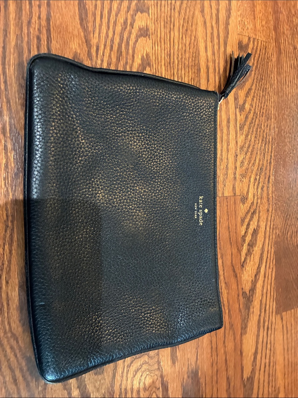 kate spade Black Pebbled Leather Zip Toiletry Pouch with Tassel Pull